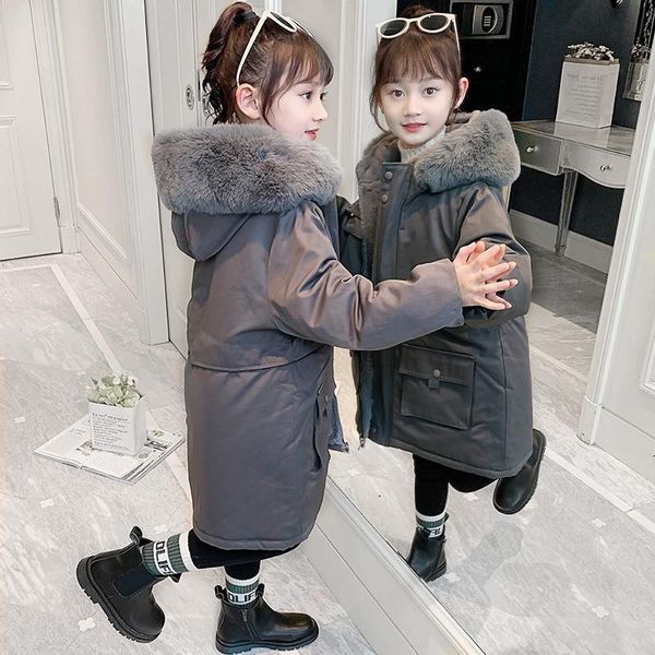 

down coat children fashion solid color cotton jacket kids girls hooded thick warm outerwear teenage long parka 4 5 6 7 8 9 10 11 12 y, Blue;gray