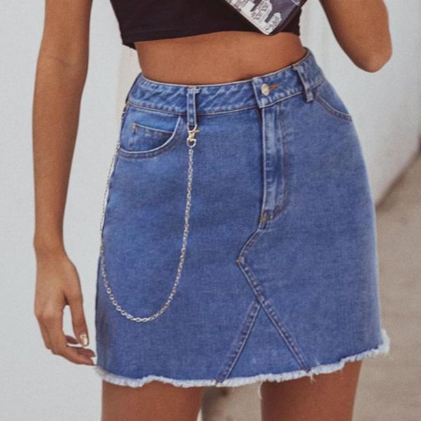 

women denim chain mini skirt fashion summer high waist korean blue skirts ladies jeans pencil harajuku plussize, Black