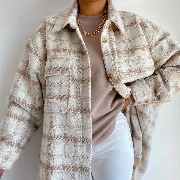 

evfer women autumn winter fashion plaid khaki thick coats overshirt female stylish pockets plaid long jackets overisze outwear 210927, Black;brown
