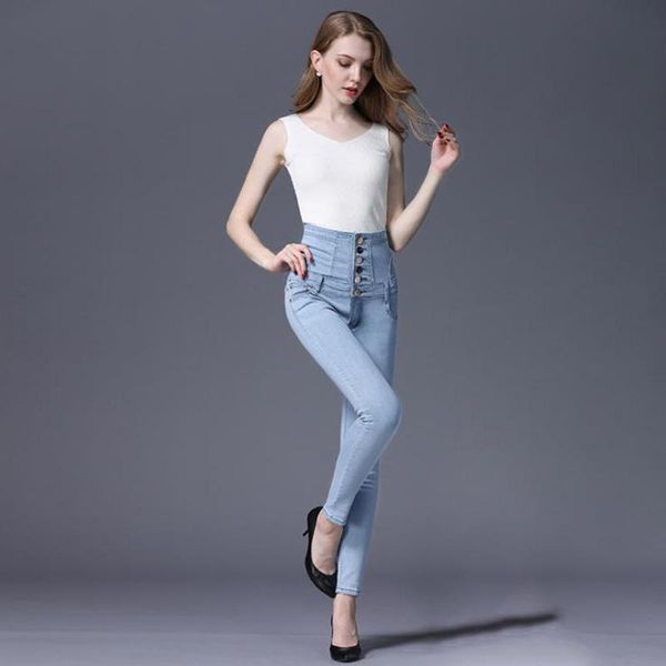 

women's jeans womens button high waist skinny stretch ladies denim pencil pants long trousers, Blue