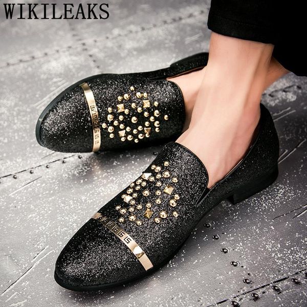 

dress shoes loafers men fashion 2021 italian party glitter designer classic slip zapatos hombre, Black