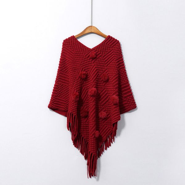 

women knitted pullovers khaki red solid loose winter tassel hairball capes c0031 210514, Black