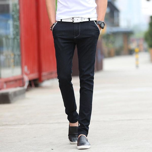 

men's jeans brand clothing korean trend black skinny men side pockets quality washed denim pant slim fit homme1, Blue