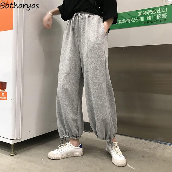 

cusual pants women spring summer harem ankle-length loose drawstring pleated high waist solid thicken chic comfortable students women's, Black;white