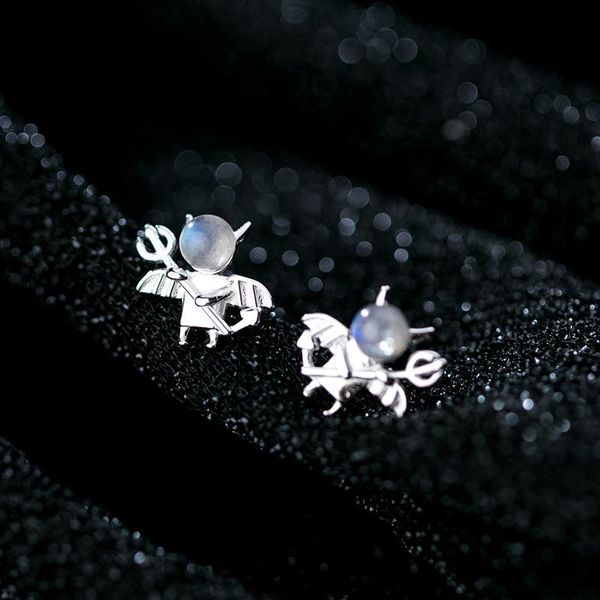 

stud 925 solid sterling silver fine jewelry cute demon shape moonstone earrings fashion women girls lady gift, Golden;silver