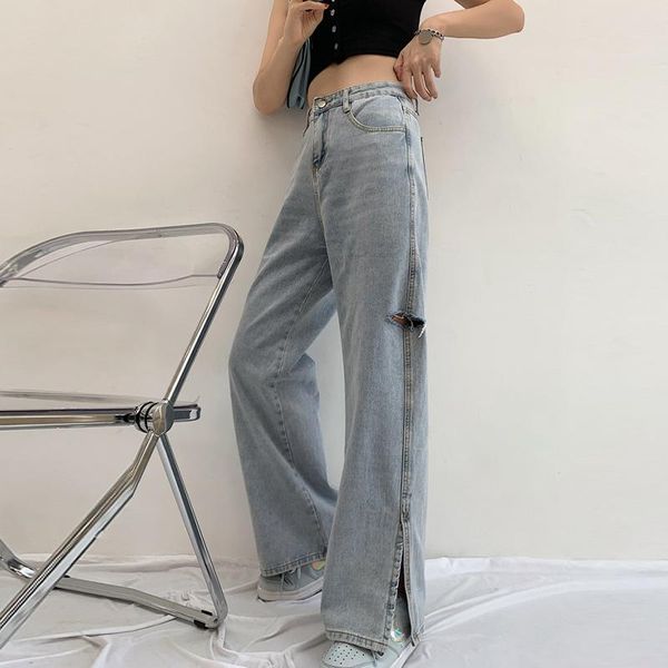 

women's jeans flare pants boyfriend y2k high waist mom ripped 2021 casual split washed denim trousers wide leg, Blue