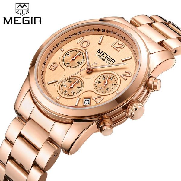 

wristwatches megir women lover wrist watch gold female chronograph date clock classic business quartz watches gift box 2057, Slivery;brown