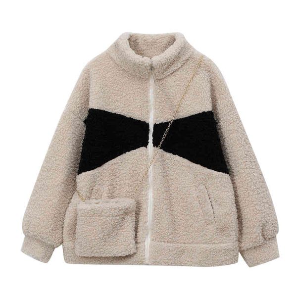 

women's fur & faux outono inverno com zÃ­per contraste cor jaquetas roupas mulheres casaco mulher thicked quente solto outwear lÃ£ de cor, Black