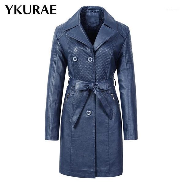 

women's leather jacket pu female windbreaker trench coats casual women coat fur fleece elegant winter streetwear tie belt fl069 & faux, Black