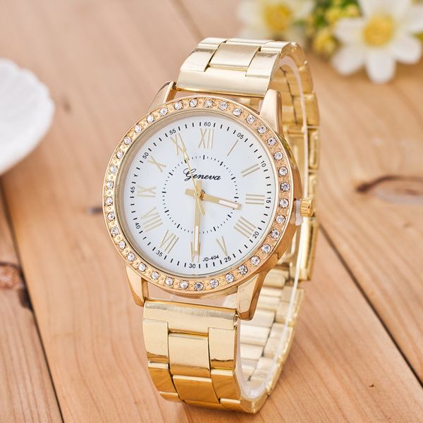 

geneva watch women es 2019 luxury gold stainls steel rhintone women's ladi clock zegarek damski, Slivery;brown