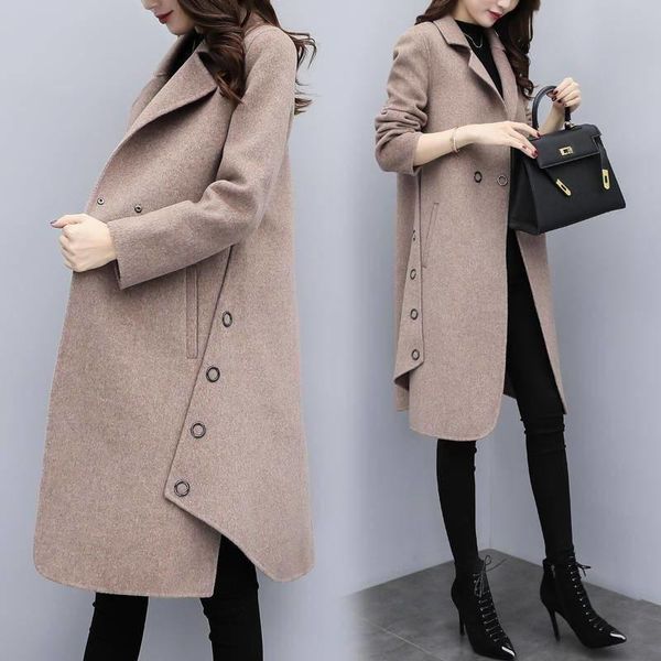 

women's wool & blends office lady fashion autumn fur cashmere coat ladies winter warm korean loose elegant long woolen jacket tweed coa, Black