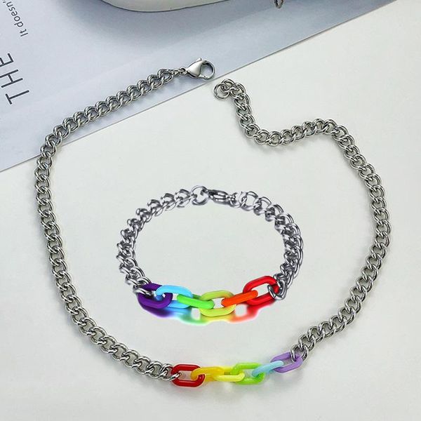 

earrings & necklace jhsl fashion jewelry set silver color colorful stainless steel girl's men women statement short necklaces and bra