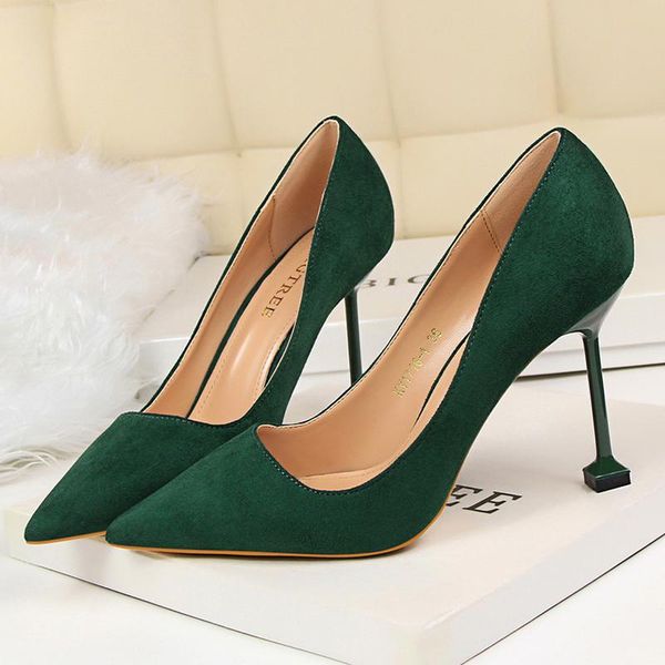 

dress shoes 2021 women 9.5cm high heels suede nightclub pumps female wedding bridal escarpins fetish flock green designer, Black