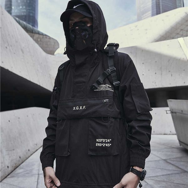 

techwear jacket for men spring streetwear black hooded waterproof windbreaker 210922, Black;brown