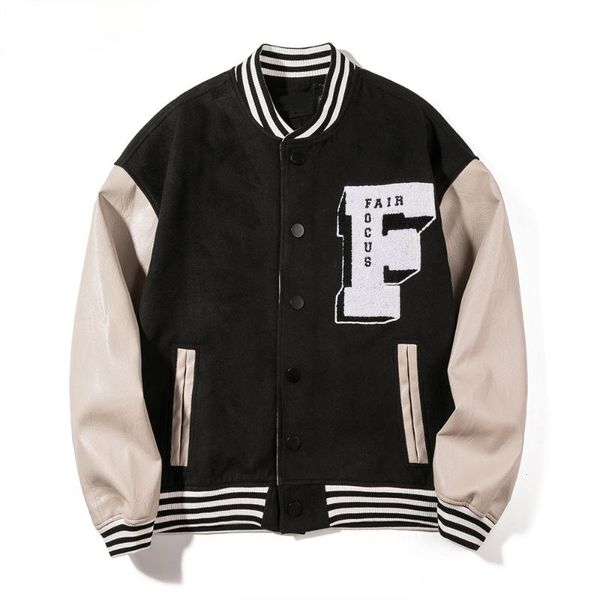 

men's jackets embroidery baseball jacket men leather patchwork high street black green, Black;brown