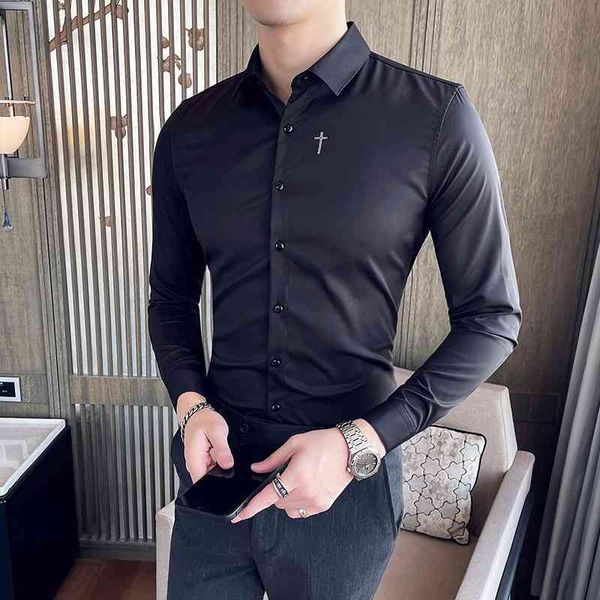 

embroidered solid color shirt men's business formal casual shirt long sleeve slim fit social party clothes chemise homme 210527, White;black