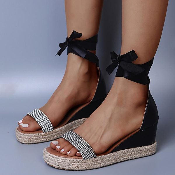 

slippers ankle strap lace up sandals women's summer wedges weave beach thick bottom open toe breathable shoes flip flops, Black