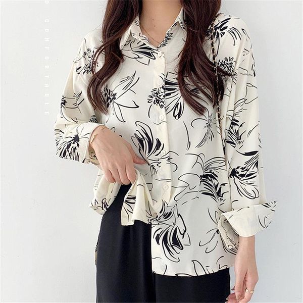 

women's blouses & shirts women fashion basic femme casual korea flowers plus 2021 vintage print chic stylish woman slim sweet long-slee, White