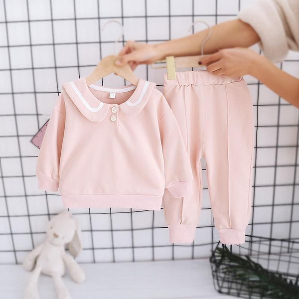 

lzh childrens outfits set autumn kids pure color long sleeved navy suit 2pcs fashion baby boys girls casual, White