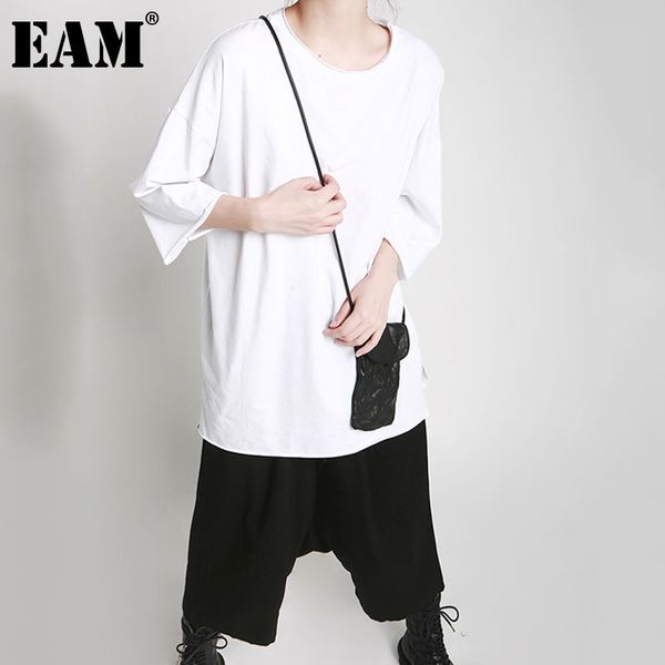 

[eam] women big size irregular casual burrs straight t-shirt round neck half sleeve loose fashion summer 1dd7106 21512, White