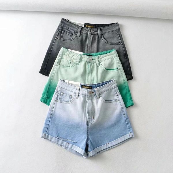 

women's jeans women gradient denim shorts crimping high waist slim summer casual chic ladies all-match pants feminino bottoms, Blue