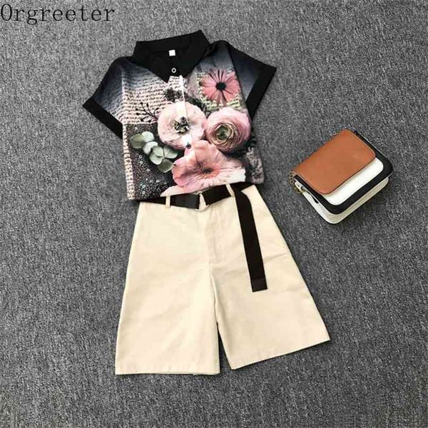 

plus size women shirt with shorts suits female summer temperament flower printted chiffon blouse 2 piece set vetement femme 210602, White