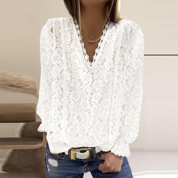 

women's blouses & shirts women fashion commute blouse spring elegant chic lace long flared sleeve female v-neck casual slim blusa muje, White