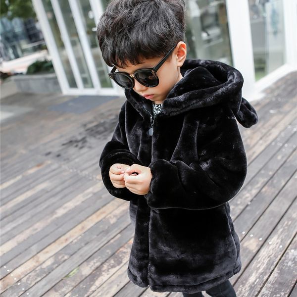 

70-120cm cute bear ear winter jacket boys hooded flannel warm girls coats kids infant overcoat black, Blue;gray