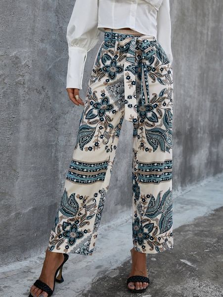 

glamaker paisley & floral print belted wide leg pants f2u5#, Black;white