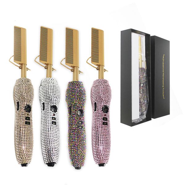 

2 in 1 comb rhinestone hair straightener curler comb flat iron with 5 temperature settings for home salon wet dry hair, Silver