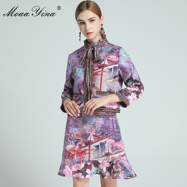 

fashion designer set spring women's stand collar tassel jacket +floral-print skirt two-piece sets 210524, White