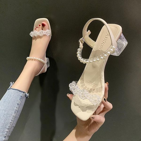 

sandals beige heeled 2021 summer open toe female shoe buckle strap black block rhinestone fashion peep girls high comfort