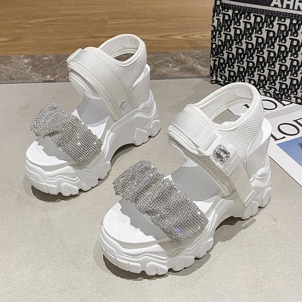 

sandals platform women 2021 chunky high heels ladies shoes white summer fashion height increase 9cm sports wedges woman, Black