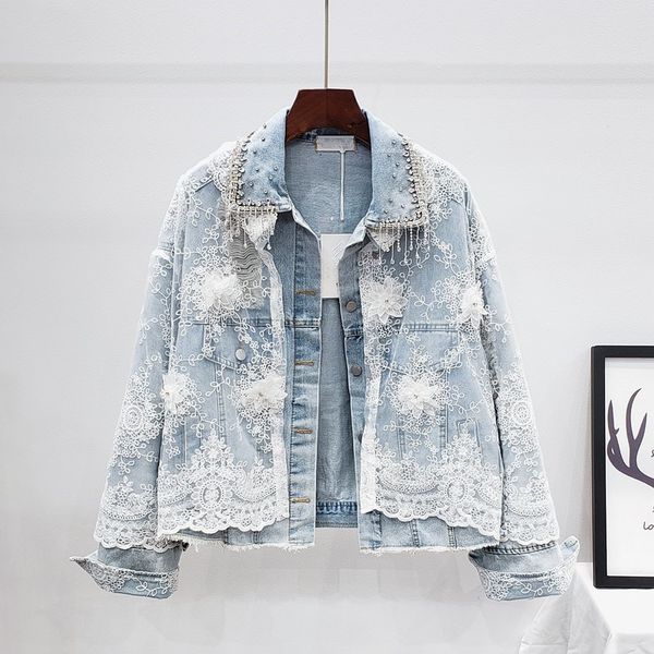 

women's jackets streetwear style lace patchwork denim for women fashion stitching diamond tassel jeans coat female loose outerwear, Black;brown