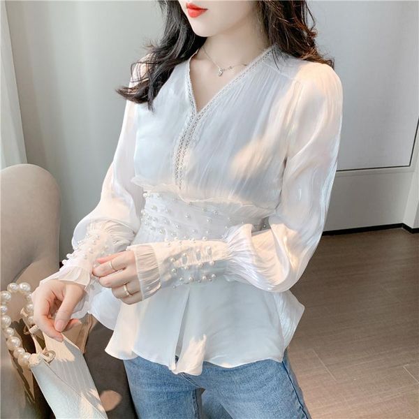 

women's t-shirt chiffon white v-neck shirt design sense niche long sleeve 2021 spring and autumn lantern