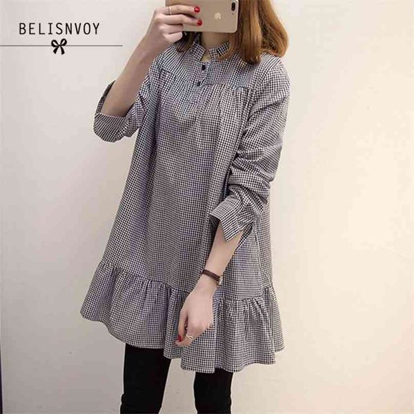 

xl-xxxxl 5xl plus size autumn shirt dress women clothing fashion cute loose plaid long sleeve ruffles mini dresses 210520, Black;gray