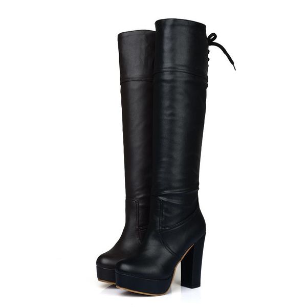 

boots spring autumn women platform knee high square heel lacing fashion winter ladies shoes black brown