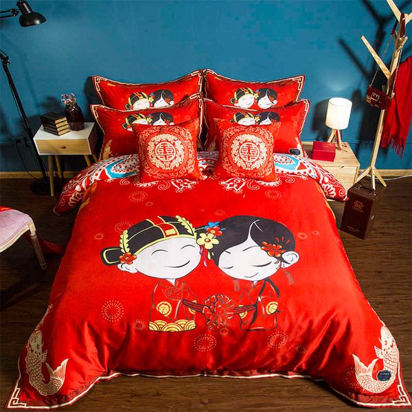 Bedloclothes do estilo chinês Soft 3D Cot Quilt Red Jubilation Duvet Travesseiro Casos para conjuntos de cama de casamento vendendo