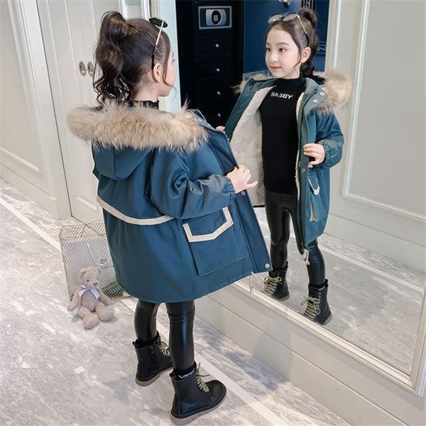 

down coat solid color hooded parkas for 4 6 8 10 12 14 year girls coats fashion winter warm thickening jackets kids long outerwear, Blue;gray