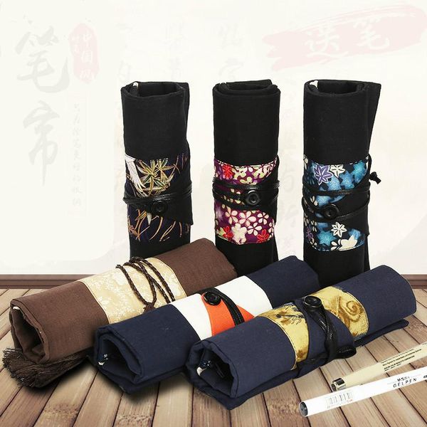 

pencil bags canvas pen bag roll up chinese style large capacity case retro creative pouch makeup comestic brush school storage