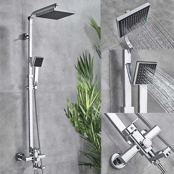 

bathroom bath shower set mixer faucet rotate tub spout chrome wall mount 8" rainfall head with handshower 2 ways sets