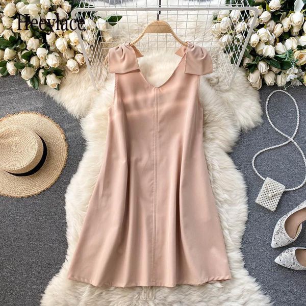 

casual dresses women french sweet tank dress design bow sleeveless v neck summer fashion streetwear mini 2021, Black;gray