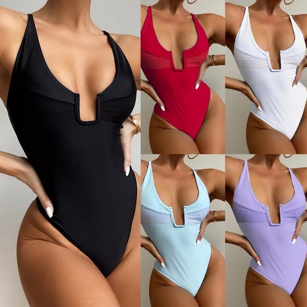 

one-piece suits one piece swimwear women 2021 solid deep v neck swimsuit ribbed swimming suit female gather biquini beach wear bathing