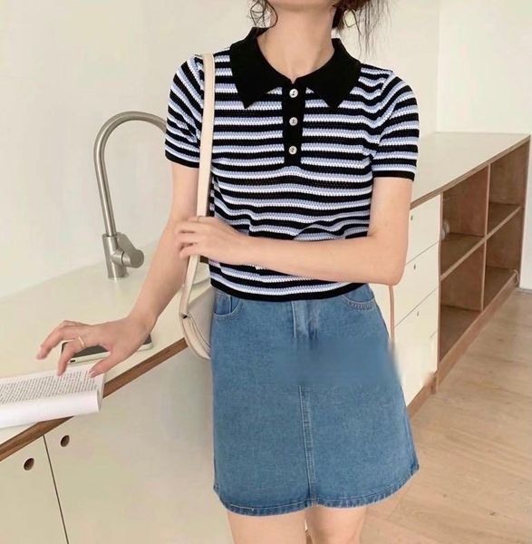

women's polos women shirts collar t-shirts knitted short sleeve casual 2021 summer fashion crop design tee, White