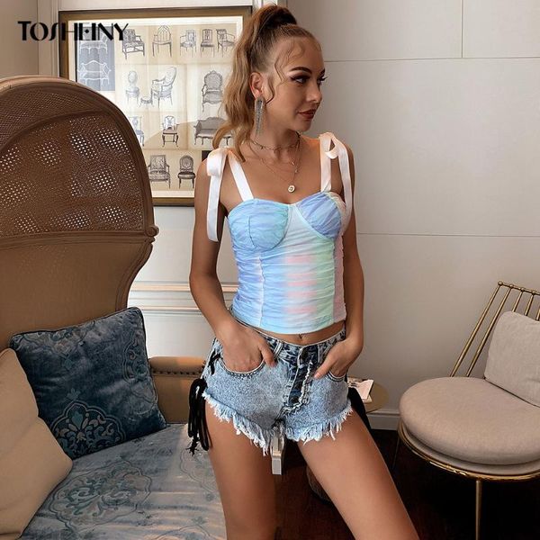

women's tanks & camis tosheiny 2021 summer tie dye straps vest vintage party backless shirt bow shoulder women streetwear tank top, White