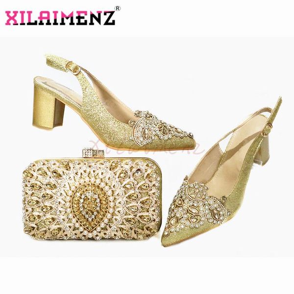 

dress shoes classics style nigerian women and bag in golden color african design decorete with rhinestone to match, Black