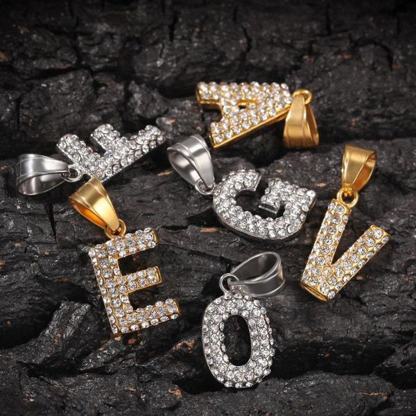 

pendant necklaces hip hop bling iced out rhinestones gold stainless steel letter necklace for men rapper jewelry silver color