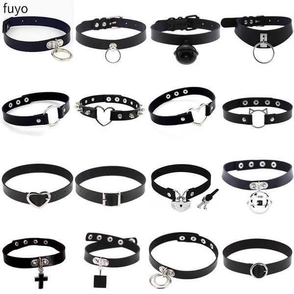 

chokers goth black lock chain pu leather choker necklace women heart punk pendant jewelry collier party grunge accessories gift, Golden;silver