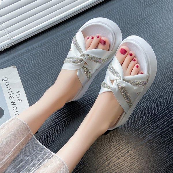 

black white slippers women crystal platform sandals summer thick sole shiny open toe slides 2021