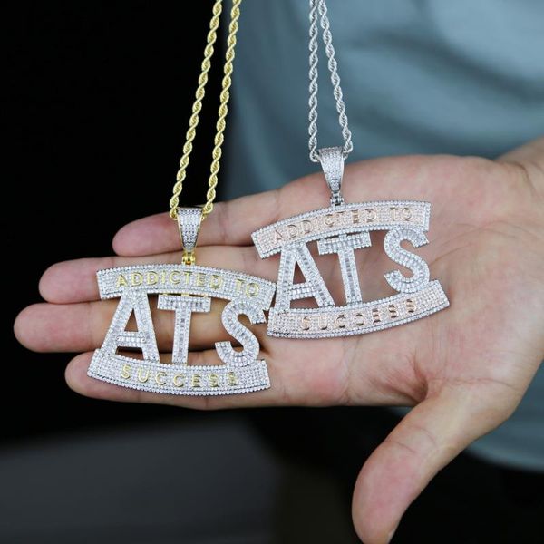

chains hip hop addicted to success letter pendant necklace with rope chain iced out bling full cubic zirconia paved men boy jewelry, Silver